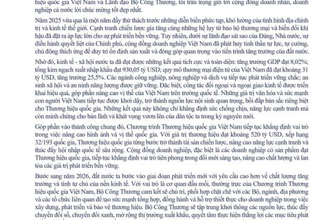 Thư chúc mừng của lãnh đạo Bộ Công Thương nhân Ngày Thương hiệu Việt Nam (20/4/2008 - 20/4/2026)